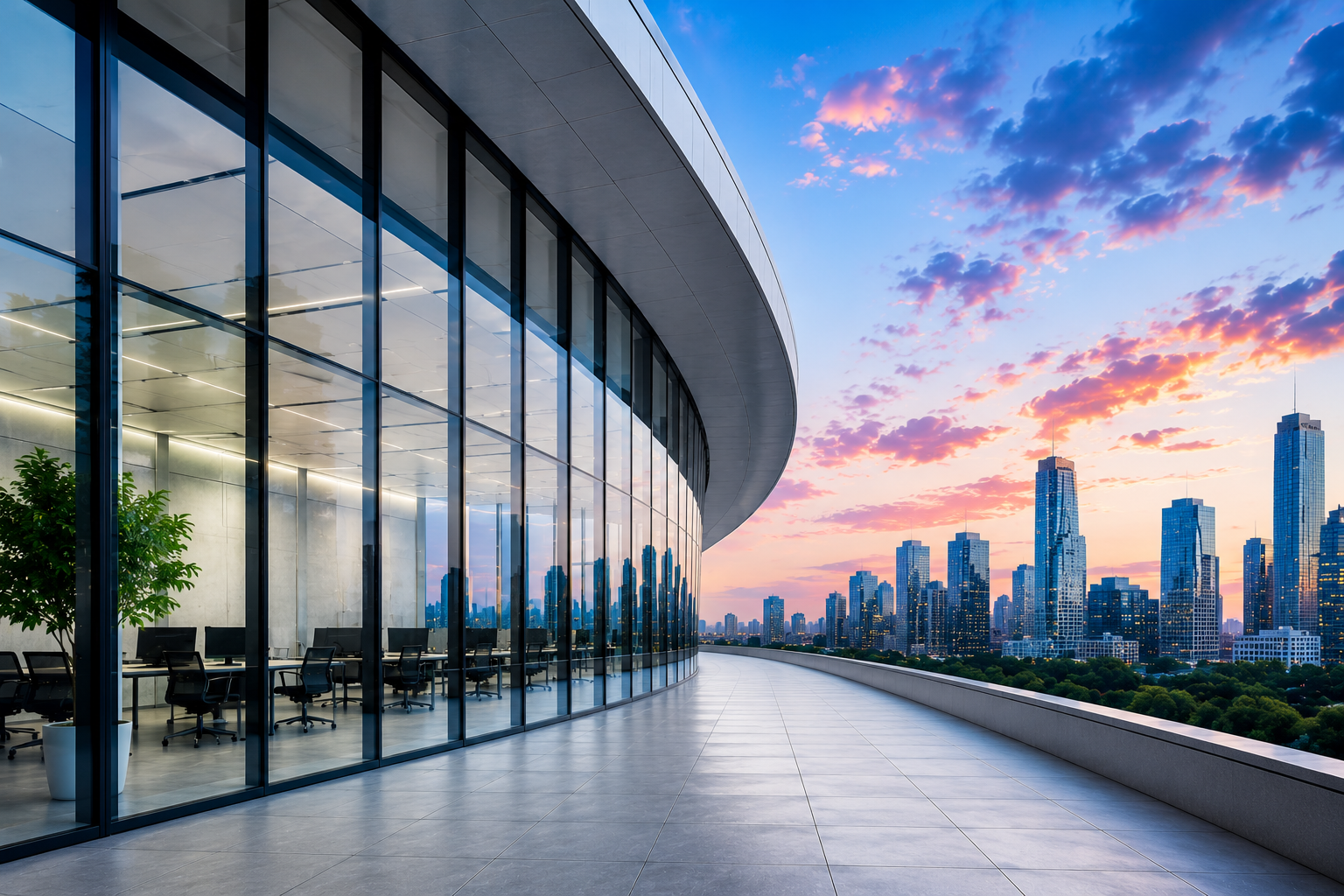 Modern office overlooking a city skyline at sunset